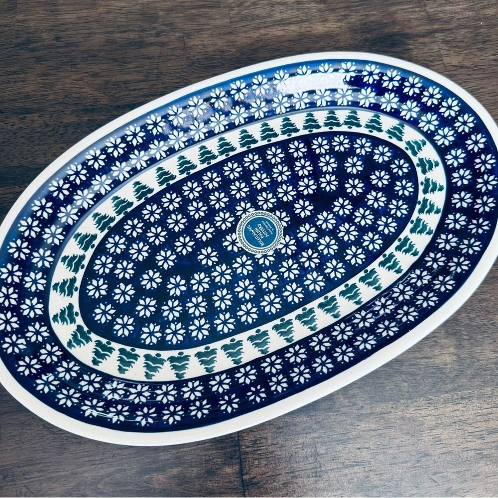 Boleslawiec Polish Pottery Christmas Tree Poinsettia Oval Serving Plate Dish